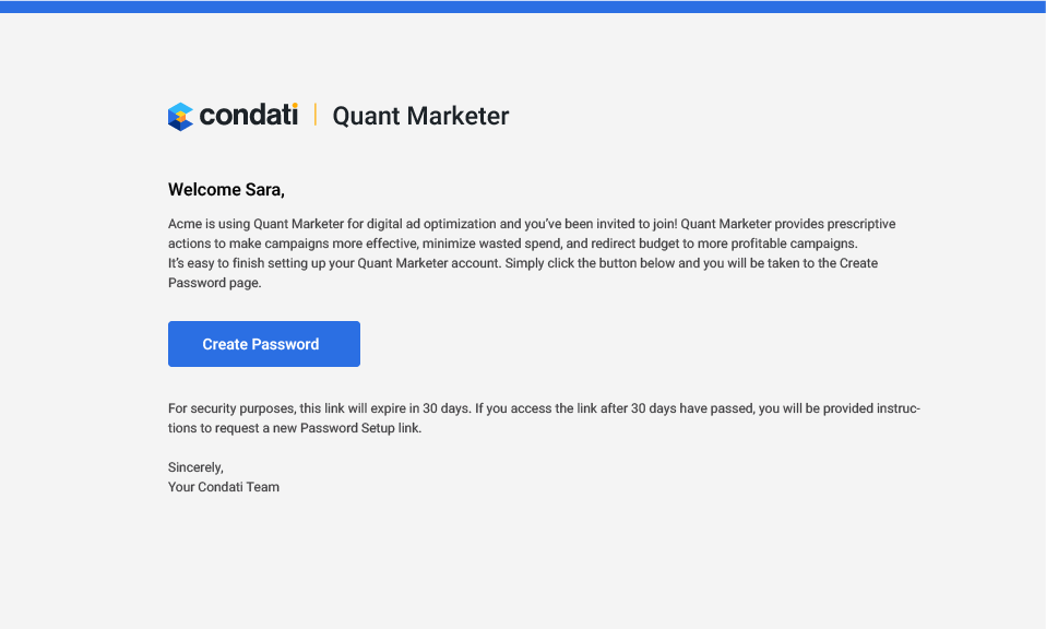 Quant Marketer Login Welcome Email